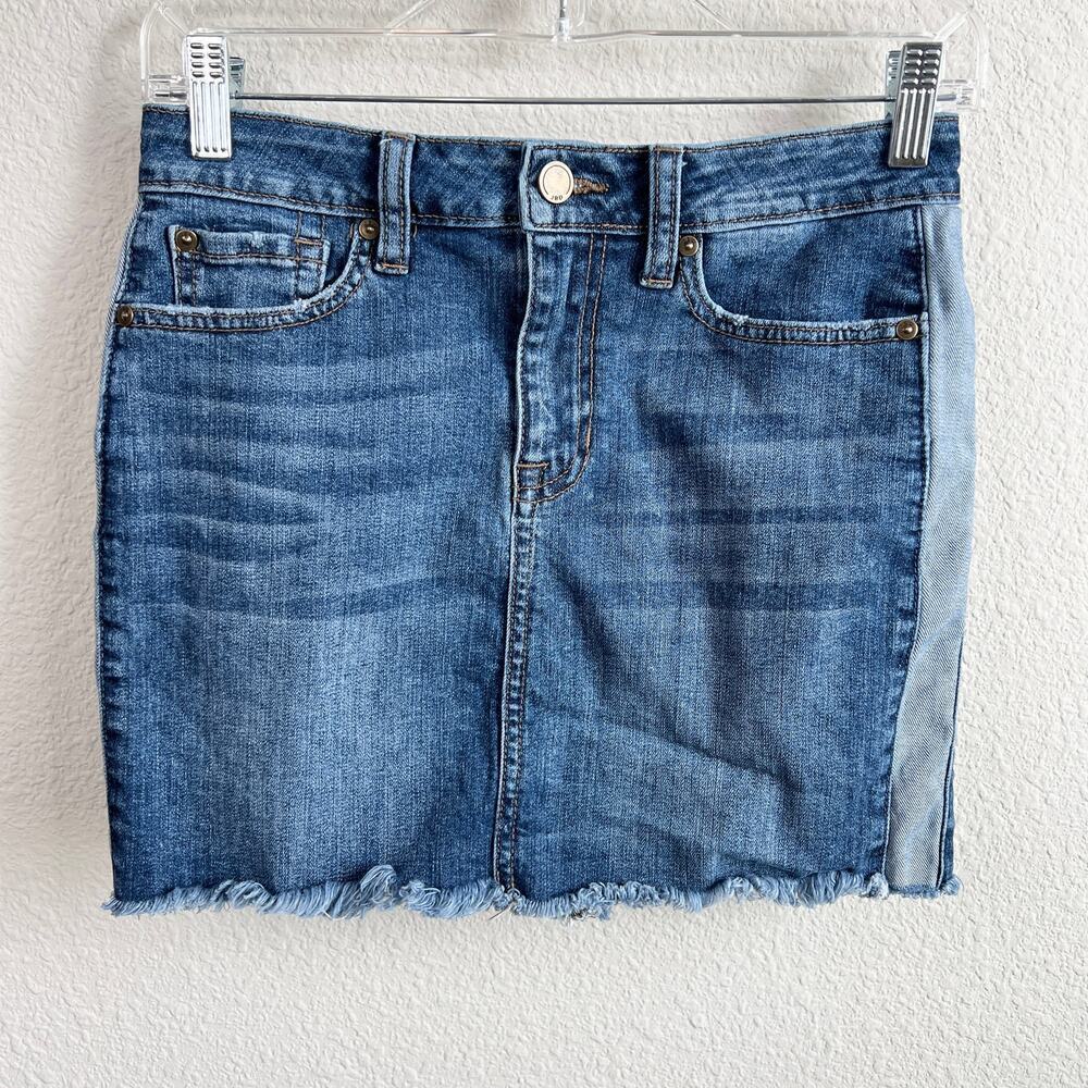 JBD Just Black Denim Mini Skirt Women's XS Side Stripe Pencil Fray Hem Stretch